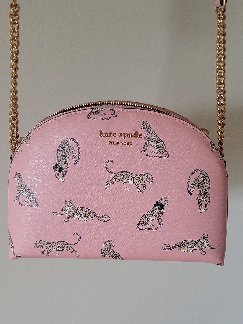 Kate Spade Pink Leopard Print Crossbody Bag with Gold Chain